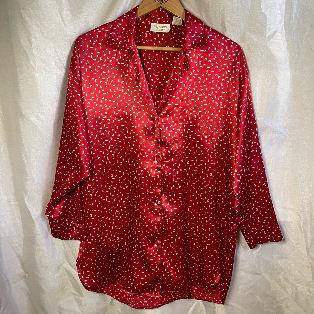 VTG 90’s Victoria’s Secret Red Festive Holiday Long Sleeve Sleep Shirt Dress Top